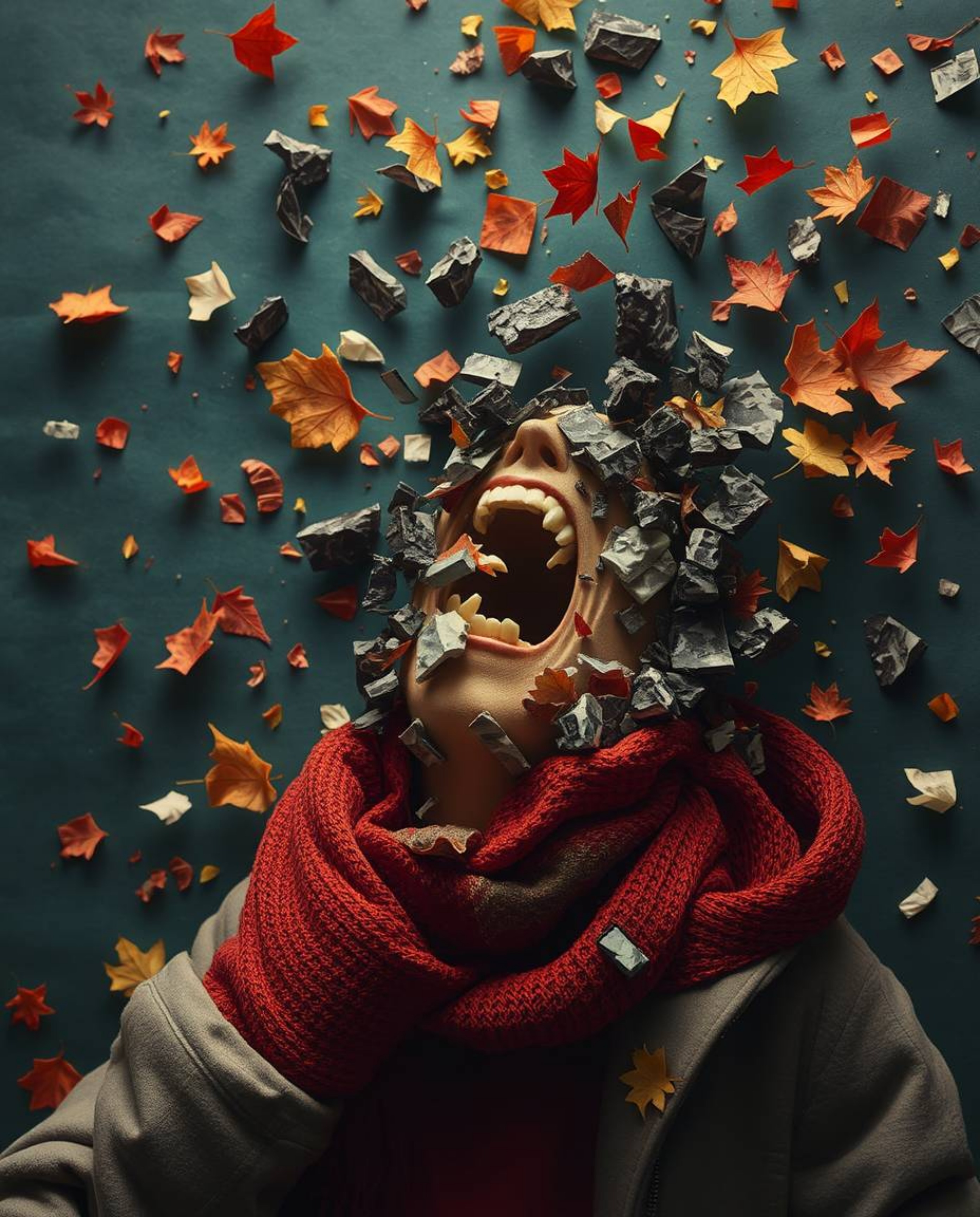 A captivating image depicting a person screaming as their reality fractures into a vibrant pixelated world.  Layered papier-m