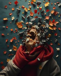 A captivating image depicting a person screaming as their reality fractures into a vibrant pixelated world.  Layered papier-m