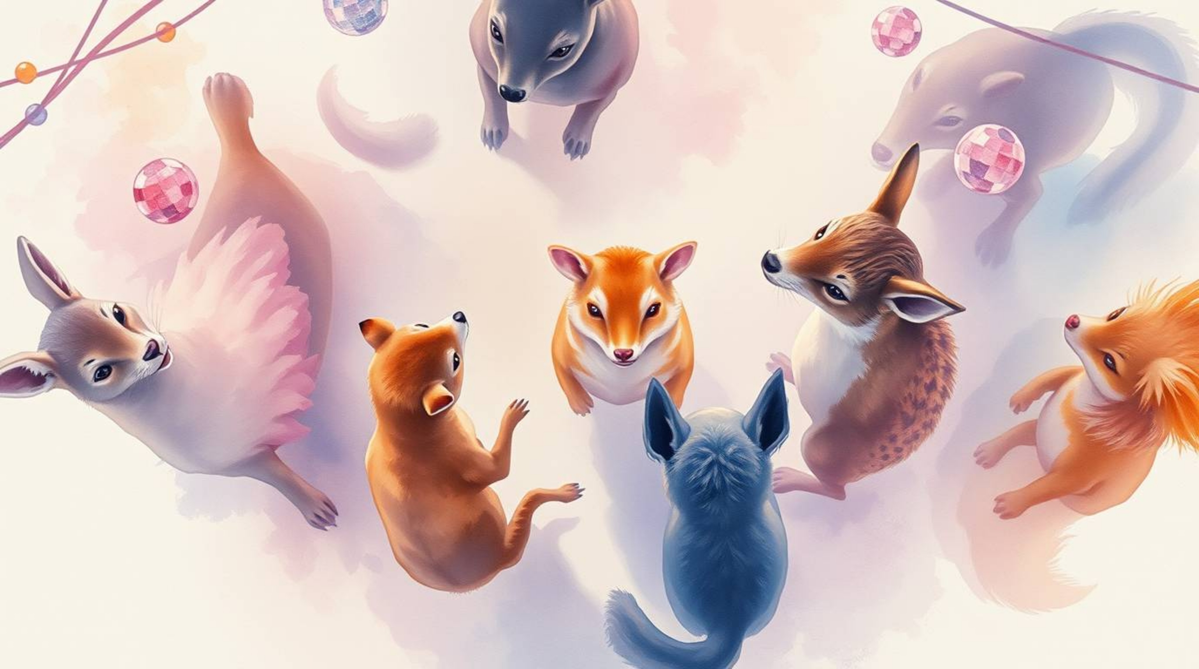 Experience a whimsical animal dance party rendered in delicate watercolor, captured from a breathtaking bird's-eye perspectiv