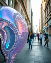 Explore candid street photography showcasing iridescent colors reflecting beautifully on abstract 3D liquid forms rendered in
