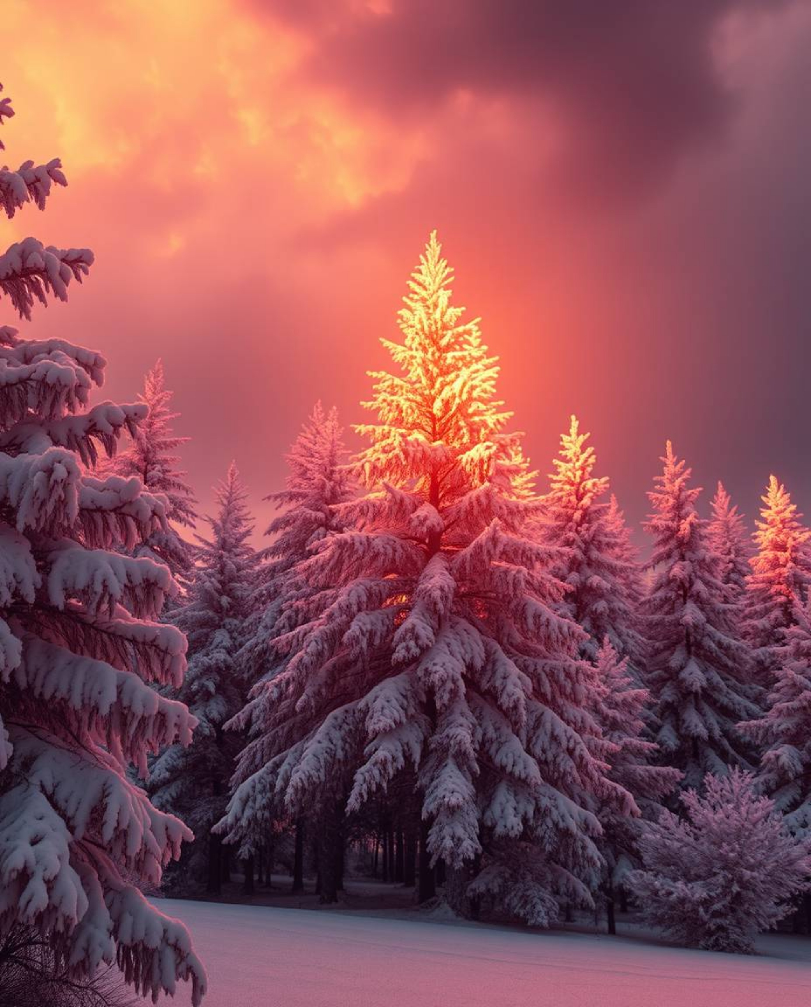 A surreal image in warm candlelit infrared tones, showcasing sunset light sparkling on snowy pine trees. The scene evokes an 