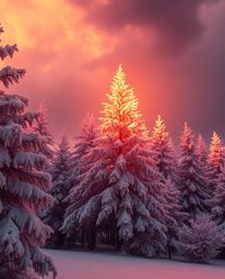 A surreal image in warm candlelit infrared tones, showcasing sunset light sparkling on snowy pine trees. The scene evokes an 