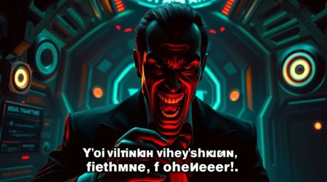 This artwork depicts a villain in a high-tech lair experiencing a humorous breakdown. Rich, deep teal tones and intense drama