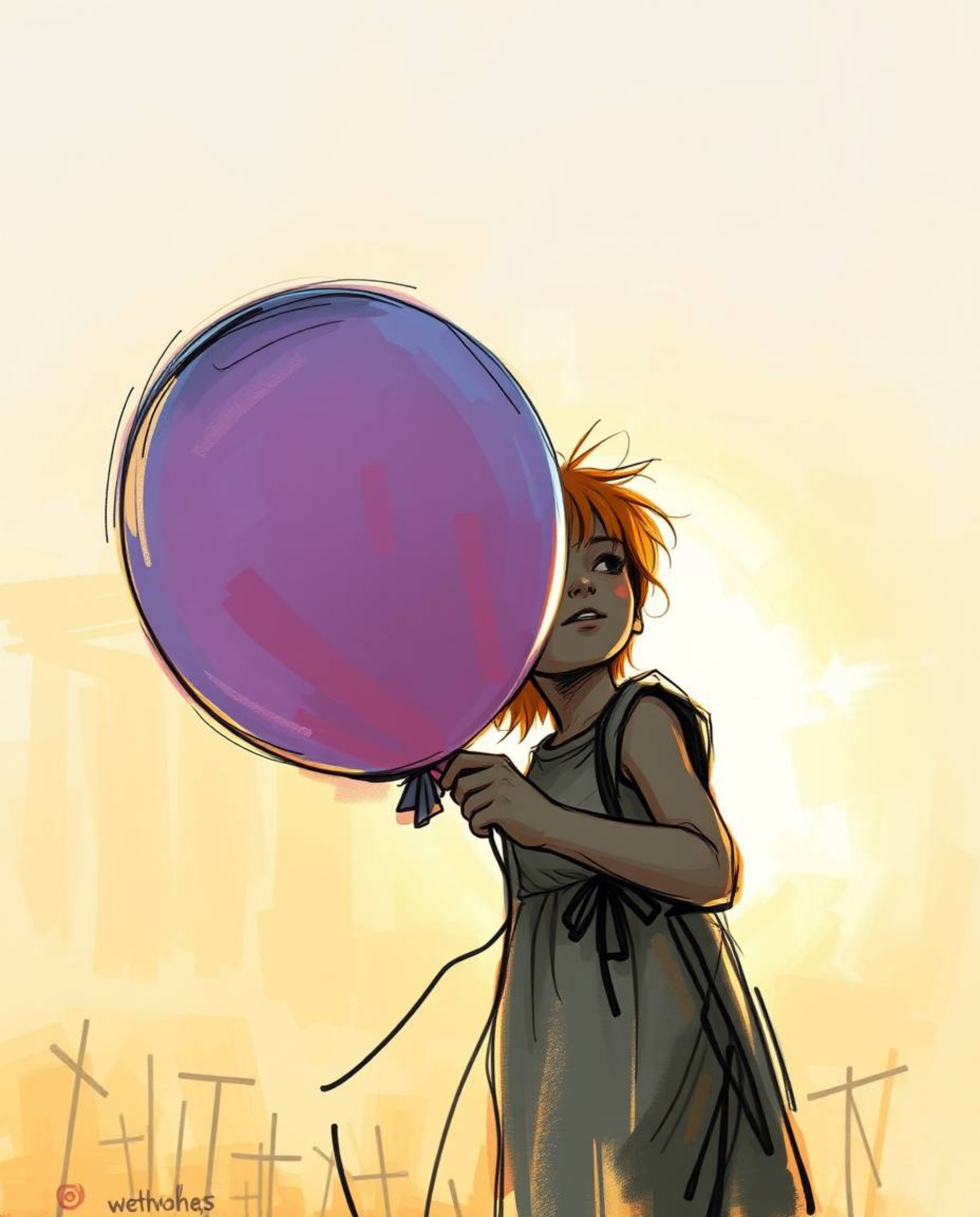 A captivating sketch depicting a child holding a balloon, bathed in the warm glow of golden hour light.  The artwork features