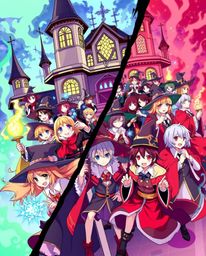 This vibrant isekai anime illustration depicts a magical school teeming with young wizards, showcasing a distinctive split co