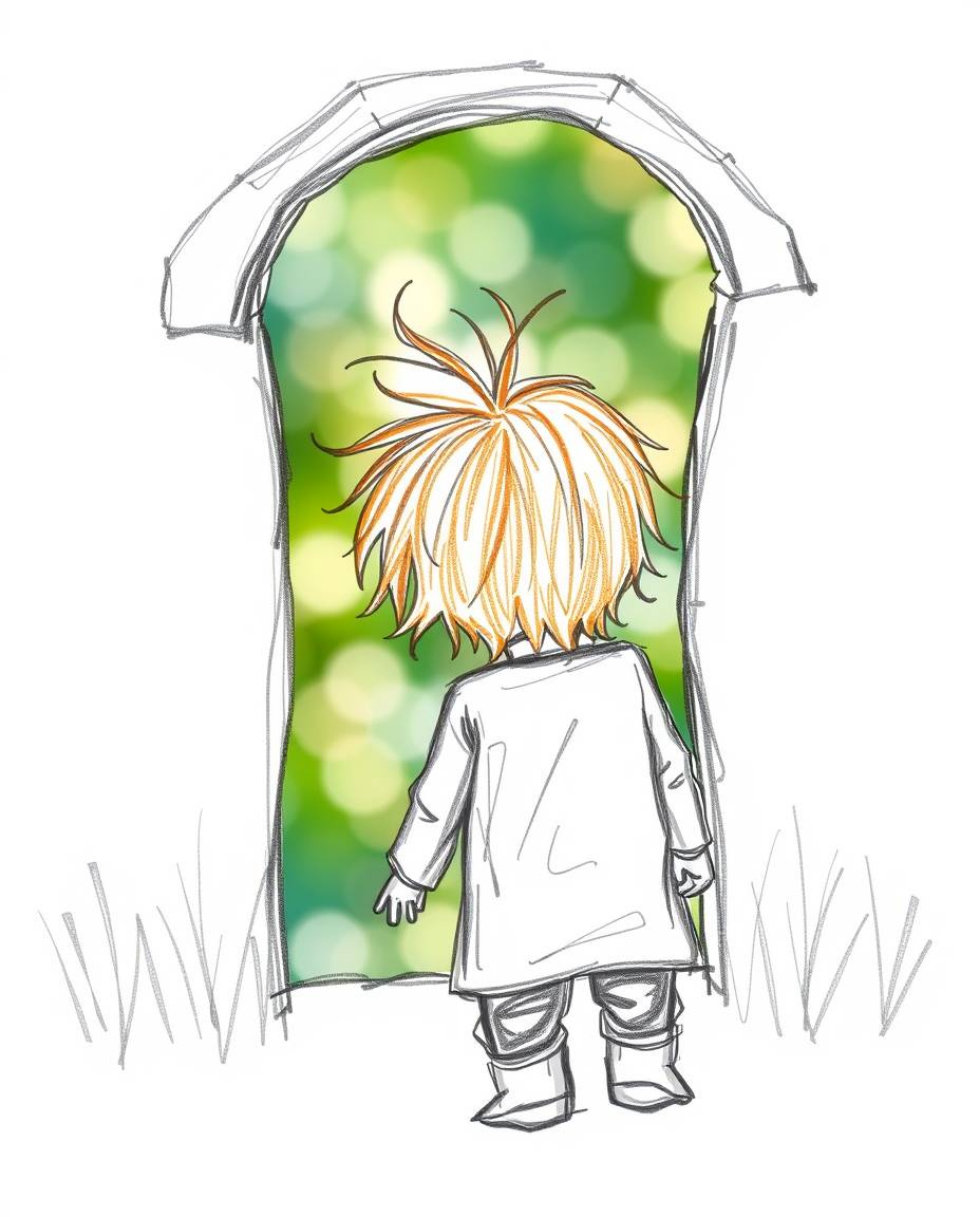 A captivating hand-drawn sketch depicts a child with messy brown hair stumbling upon a magical portal hidden in their backyar