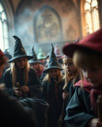 An extreme macro close-up shot captures a magical school brimming with young wizards, rendered in soft focus with a hazy back