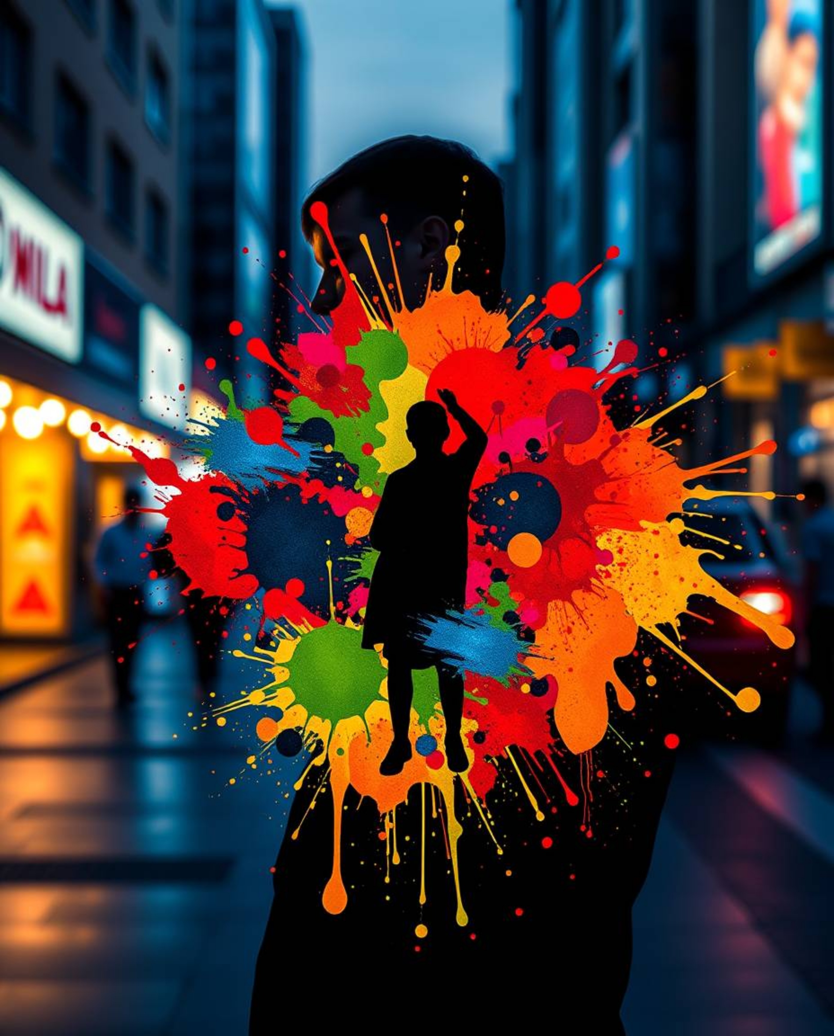 Experience the energy of urban life through this captivating street photograph. A human silhouette emerges from a vibrant exp