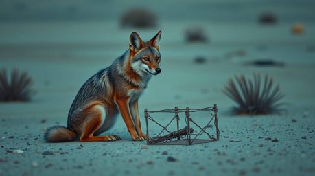 A professional photograph depicting a coyote setting up a hilariously absurd trap in the vast desert landscape. The image boa