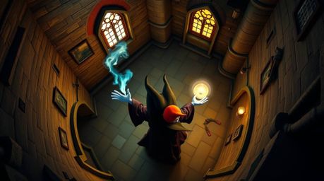 A captivating overhead shot depicts a classic Disney villain performing a spell within a vibrant, old castle.  The scene is r