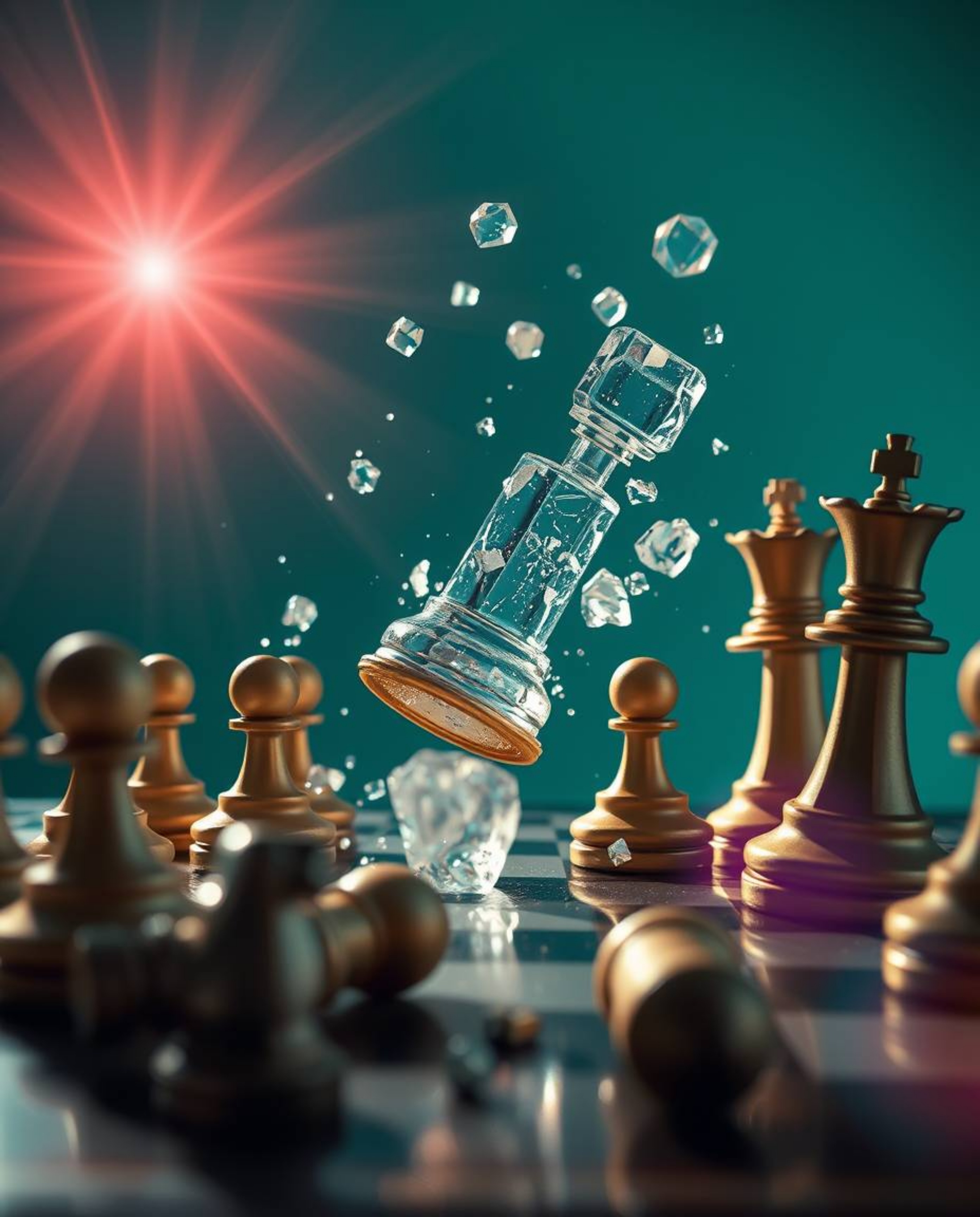 A captivating image of a chessboard frozen mid-destruction, showcasing chess pieces suspended in mid-air. Rendered in a luxur