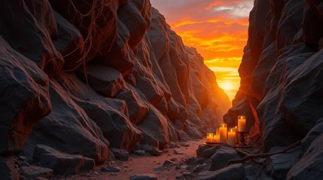 Experience the serene beauty of a rocky canyon bathed in the warm hues of a setting sun.  Autumn colors paint the landscape, 