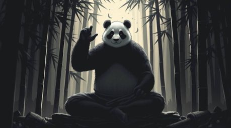 This artwork showcases a powerful panda martial artist in deep meditation amidst a serene bamboo forest. The chiaroscuro styl
