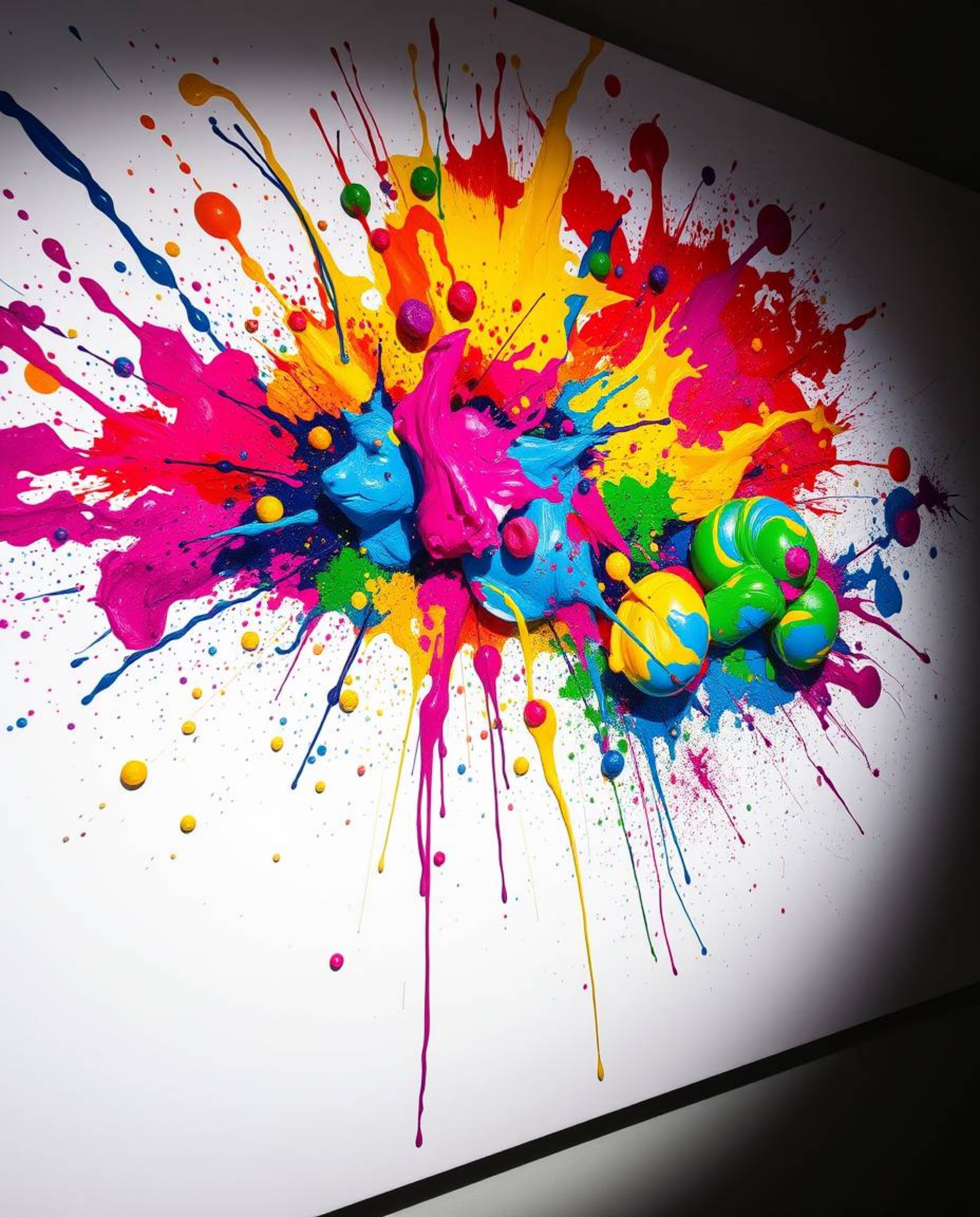 This image captures a vibrant explosion of colorful paint splashes frozen in time on a white canvas. The high detail and abst