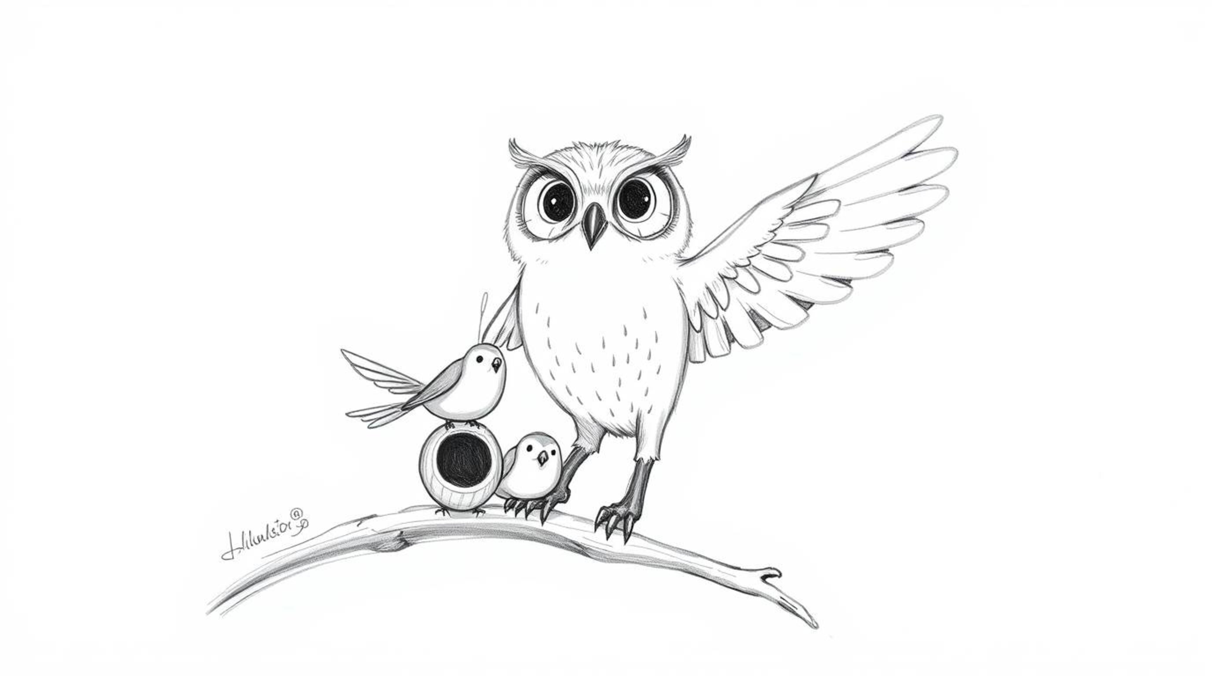 A heartwarming, hand-drawn sketch in the style of Pixar animation depicts a gentle, blind owl guiding a group of small birds 