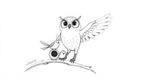 A heartwarming, hand-drawn sketch in the style of Pixar animation depicts a gentle, blind owl guiding a group of small birds 