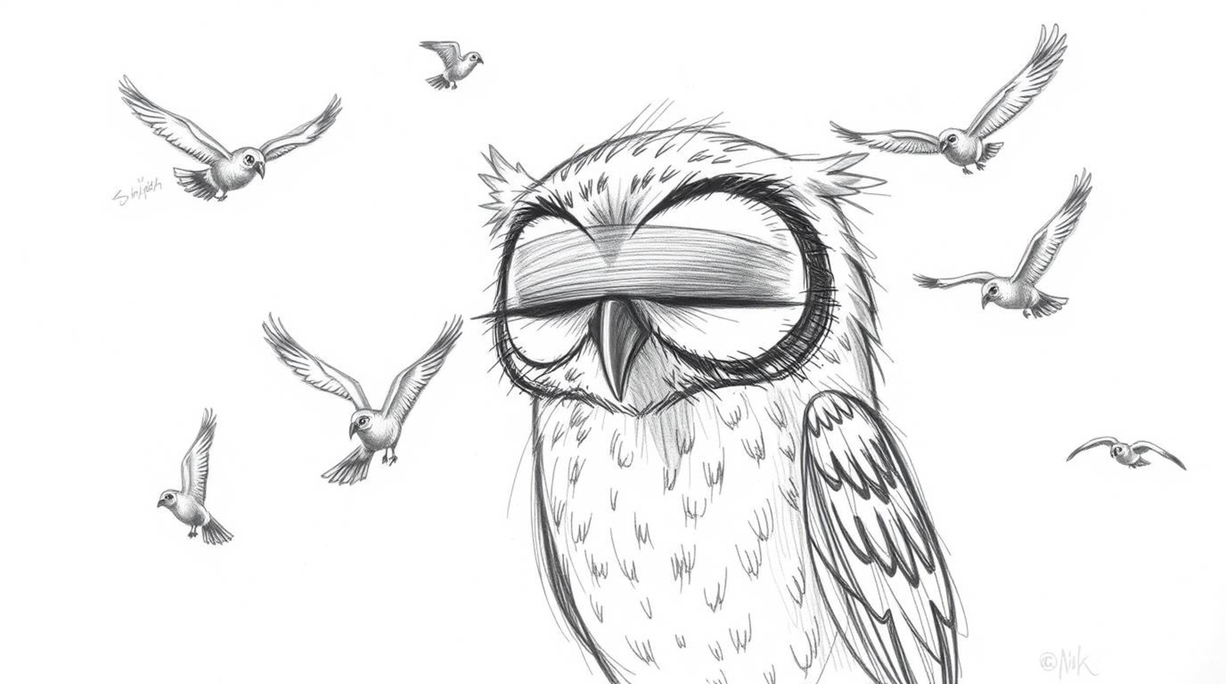 A captivating hand-drawn sketch in the style of Pixar depicts a blind owl, its large eyes closed, surrounded by birds in flig