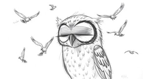 A captivating hand-drawn sketch in the style of Pixar depicts a blind owl, its large eyes closed, surrounded by birds in flig