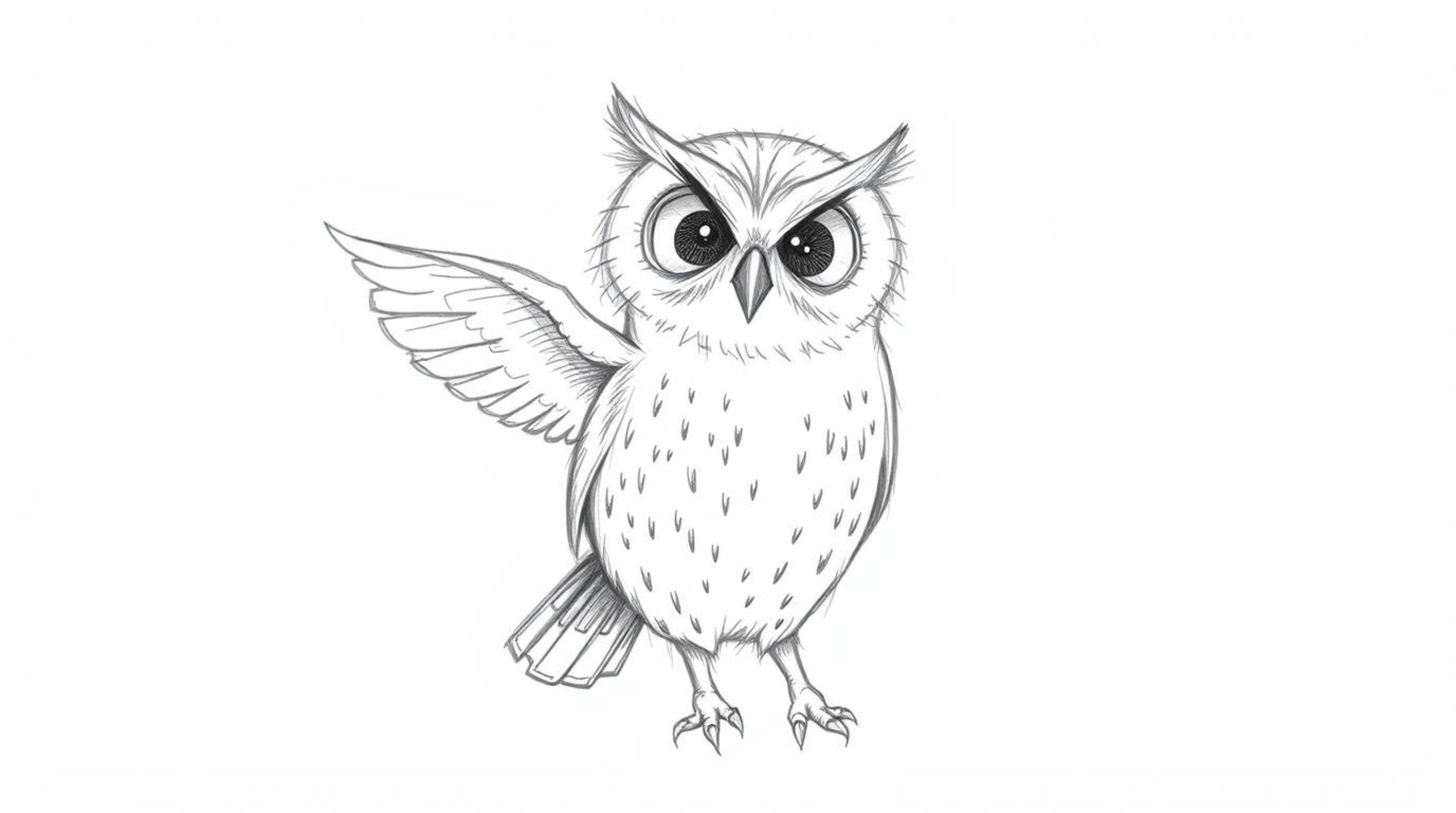 A heartwarming scene unfolds with a hand-drawn pencil sketch of a blind owl, rendered in Pixar style. This gentle creature, d