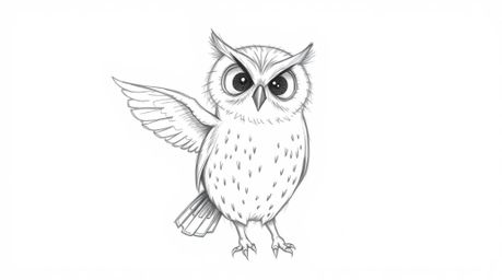 A heartwarming scene unfolds with a hand-drawn pencil sketch of a blind owl, rendered in Pixar style. This gentle creature, d