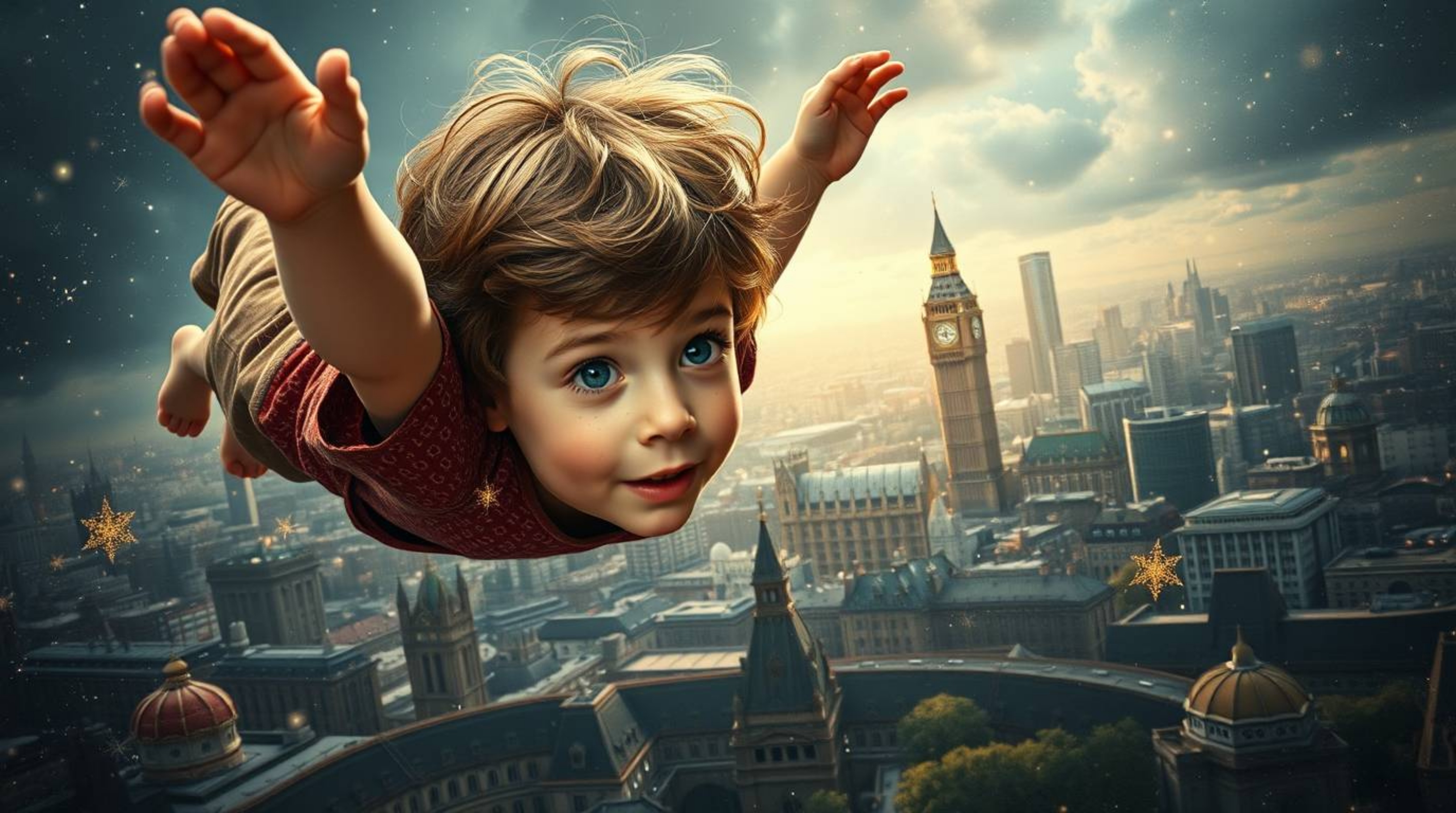 A young boy with freckled skin and tousled brown hair soars above a detailed London cityscape, amidst a swirl of sparkling pi