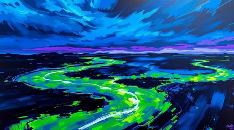 An intense dramatic acrylic painting showcases a river delta bathed in the glowing hues of twilight. Blues, greens, and purpl