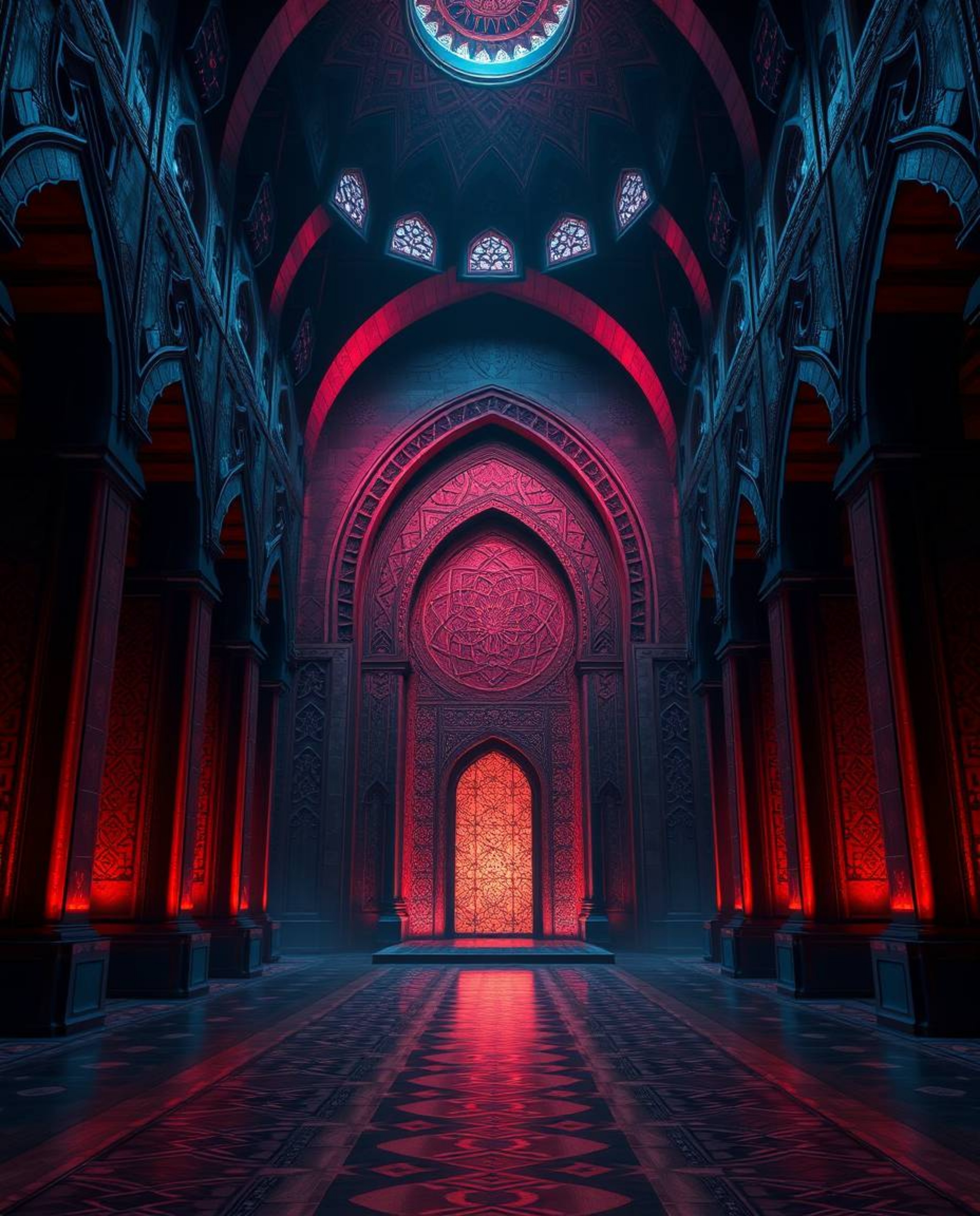 Experience a visually stunning blend of futuristic and historical elements in these scenes.  Featuring intricate Islamic geom