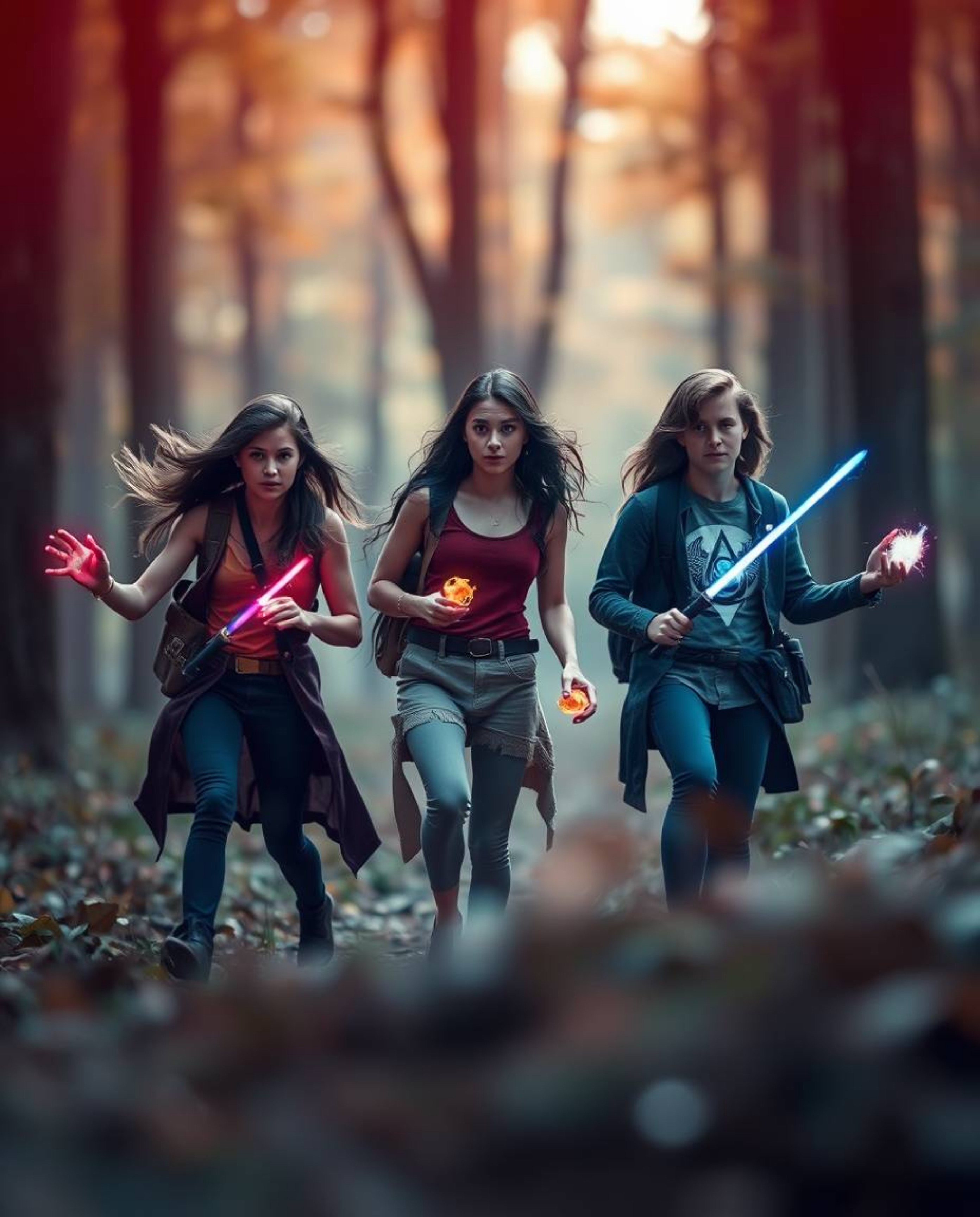 A captivating photograph captures a group of friends with extraordinary abilities embarking on an adventure through a mystica