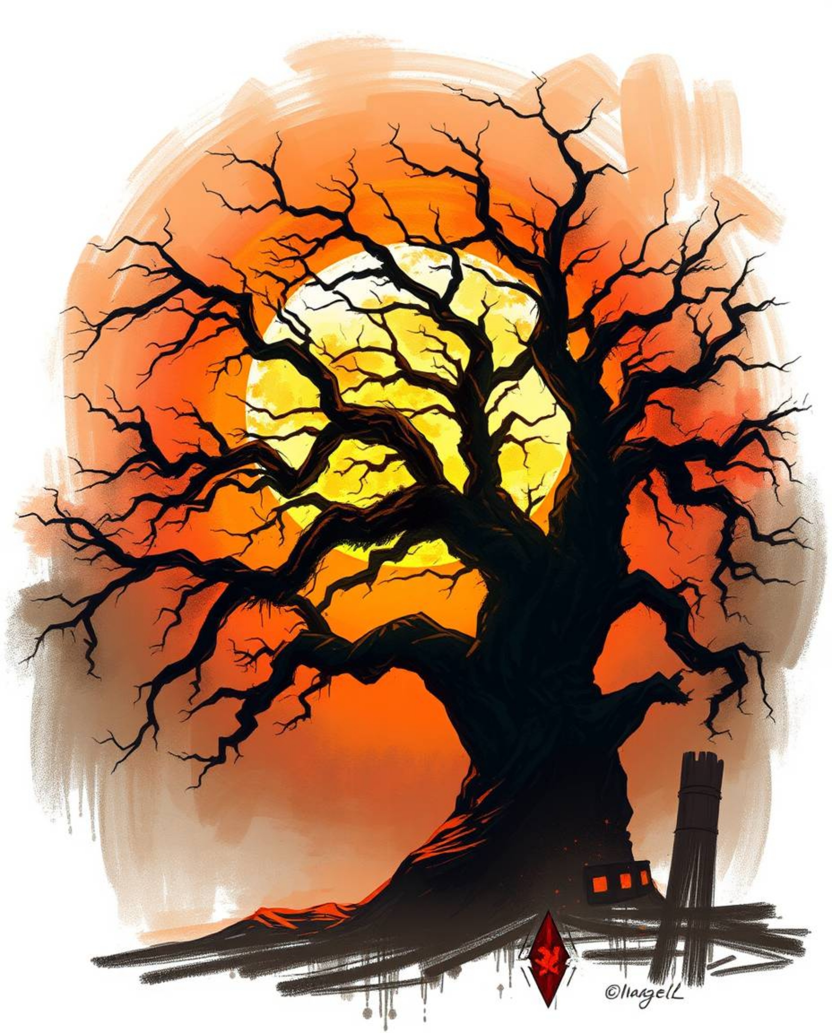 A dynamic digital sketch of a sunset behind an old oak tree with twisted branches, utilizing chiaroscuro lighting, painterly 