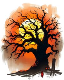 A dynamic digital sketch of a sunset behind an old oak tree with twisted branches, utilizing chiaroscuro lighting, painterly 