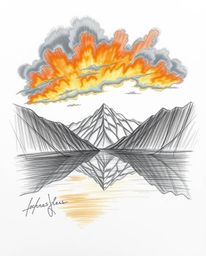 A hand-drawn sketch in a dramatic cinematic style depicts the reflections of fiery clouds in a mountain lake. The artwork, se