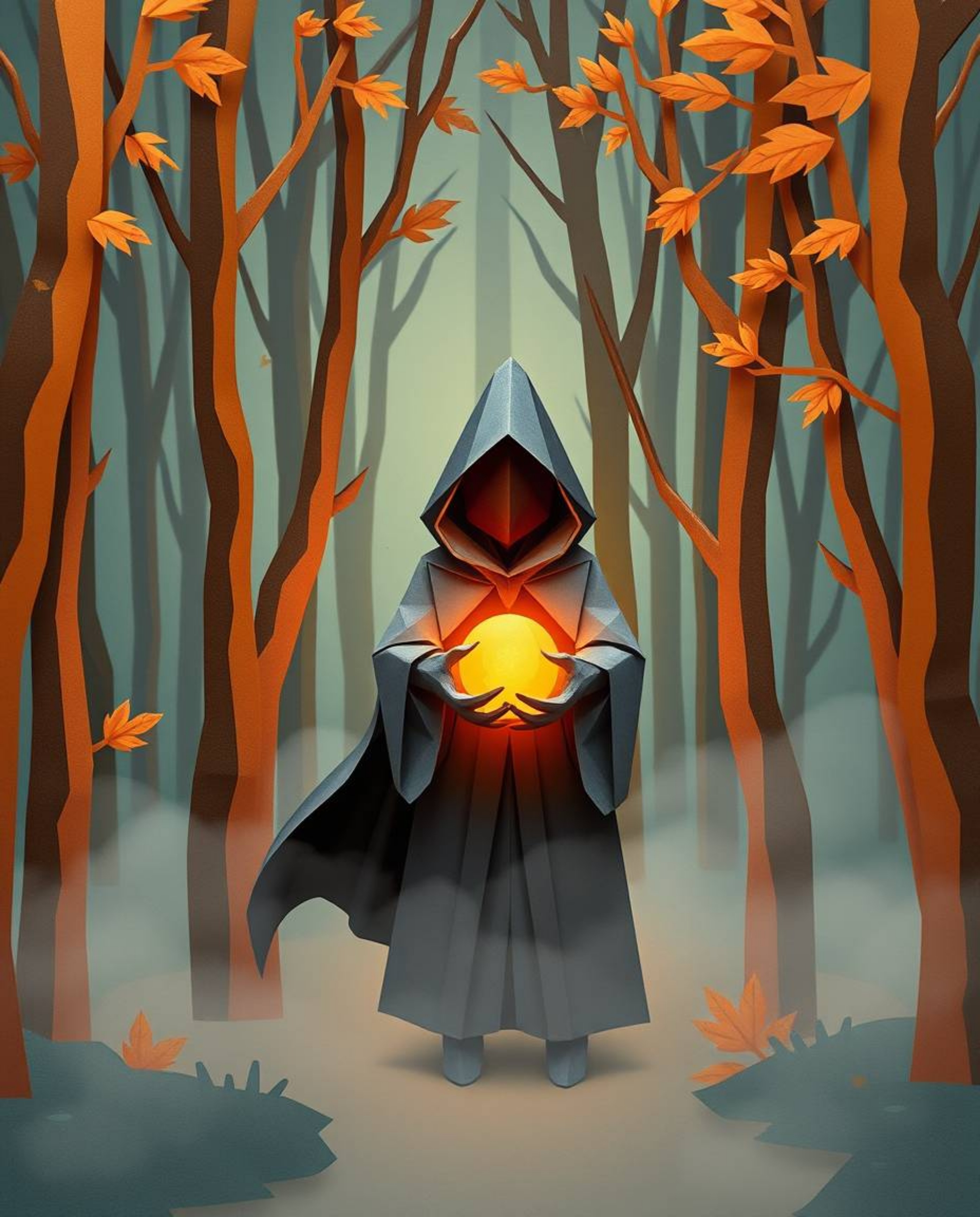 Discover a captivating image of a cloaked figure in a misty autumn forest, holding a glowing orb.  Rendered in intricate orig