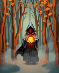 Discover a captivating image of a cloaked figure in a misty autumn forest, holding a glowing orb.  Rendered in intricate orig