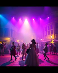 Experience a vibrant musical number set in a lively town square, captured in a soft, dreamlike ambiance. The scene is brought