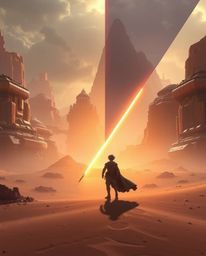Embark on a grand and heroic desert adventure with a brave, Disney-style hero. This epic scene features stunning lens glow li