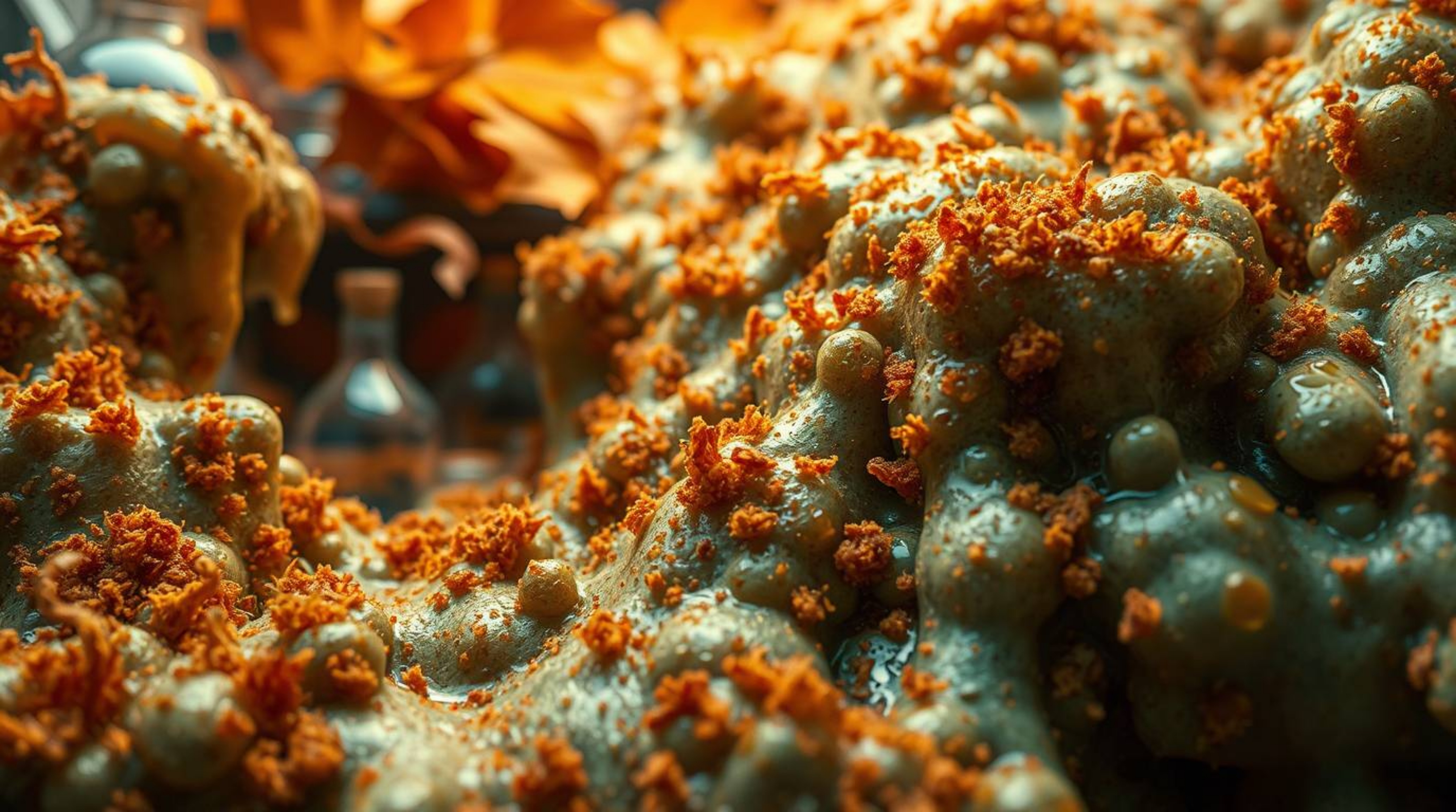 Explore an extreme macro close-up of a slime-covered science lab, showcasing intricate details bathed in warm autumn colors f