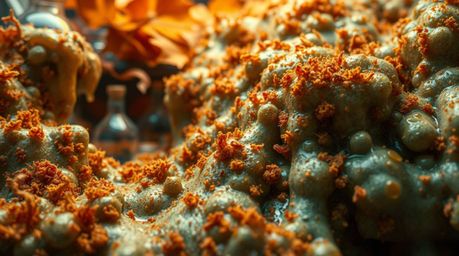 Explore an extreme macro close-up of a slime-covered science lab, showcasing intricate details bathed in warm autumn colors f