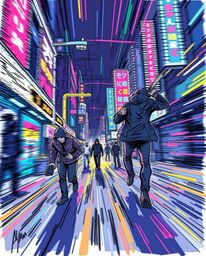 Explore the vibrant and dynamic world of cyberpunk art with these unique creations. Featuring hand-drawn color sketchnote sty