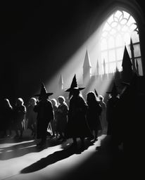 A timeless and elegant black and white image depicts a magical school filled with young wizards, silhouetted against a backli