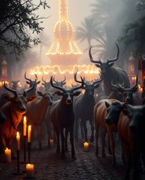 Imagine a carnival overrun by wild animals, bathed in the soft, warm glow of candlelight. This creates a hazy, dreamy atmosph