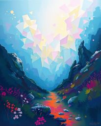 This bold and dynamic acrylic painting transports you to a mystic and enchanting environment. Featuring a geometric pastel gr