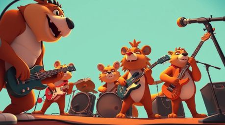 Immerse yourself in a vibrant scene featuring a cartoon animal band rocking out, viewed from a unique low angle perspective. 