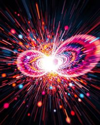 A captivating light art piece portrays the dynamic collision of galaxies in a vibrant cosmic explosion.  Blurred lines and ac