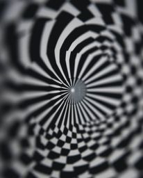 Explore mesmerizing black and white geometric optical illusion art with a retro aesthetic. This detailed close-up shot showca