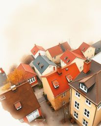 A captivating watercolor painting captures a sleepy town from a bird's-eye view. Pastel-colored houses nestled together crea