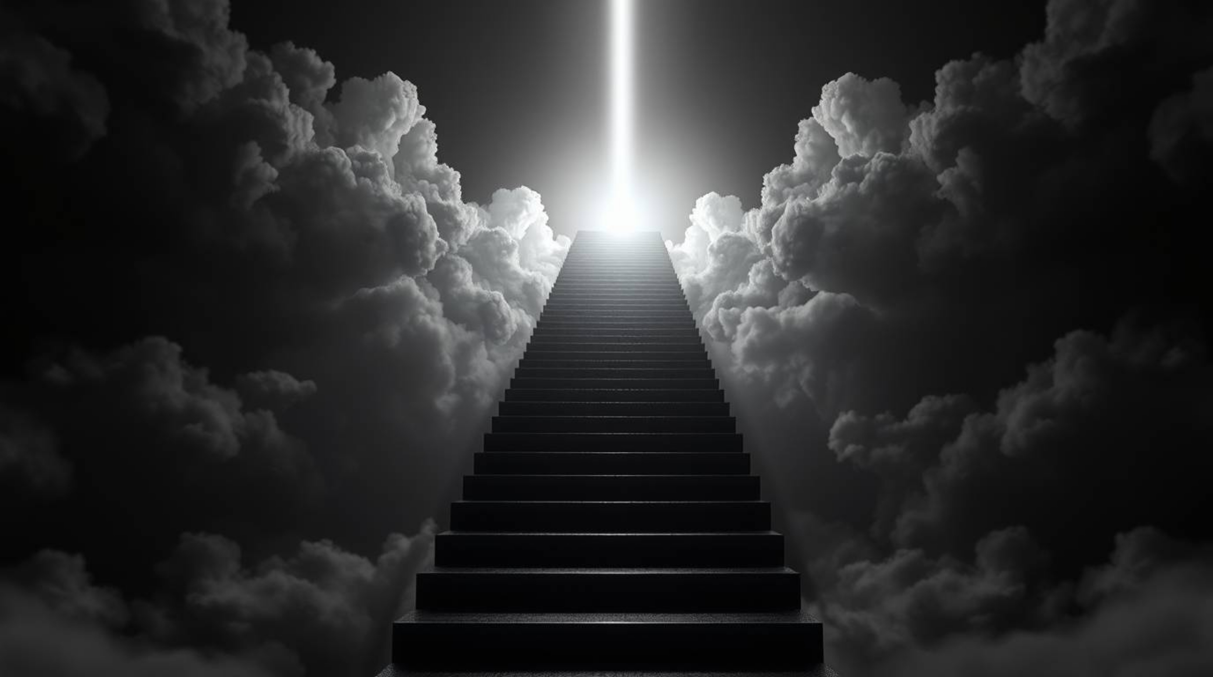 A breathtaking image depicting a surreal, jet-black stairway ascending through smoky clouds towards a radiant celestial light