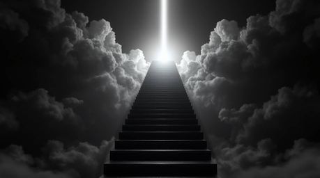 A breathtaking image depicting a surreal, jet-black stairway ascending through smoky clouds towards a radiant celestial light