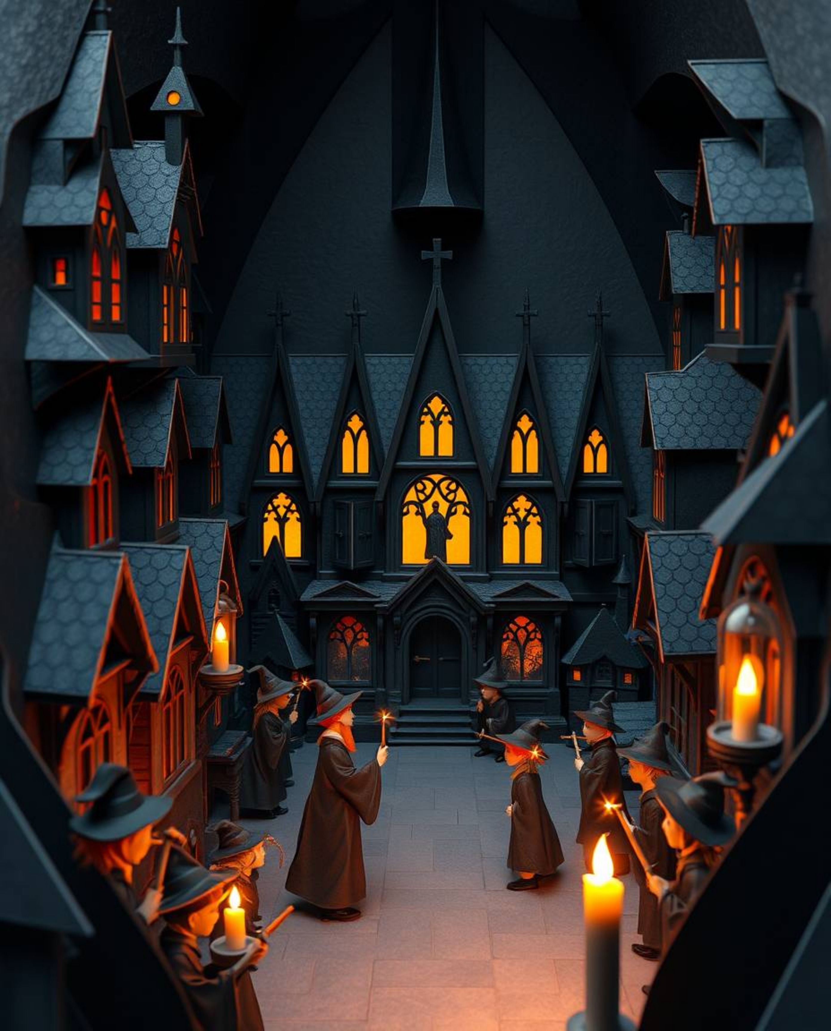 Explore an intricate origami-style illustration depicting a magical school brimming with young wizards. The artwork features 