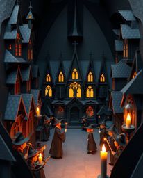 Explore an intricate origami-style illustration depicting a magical school brimming with young wizards. The artwork features 