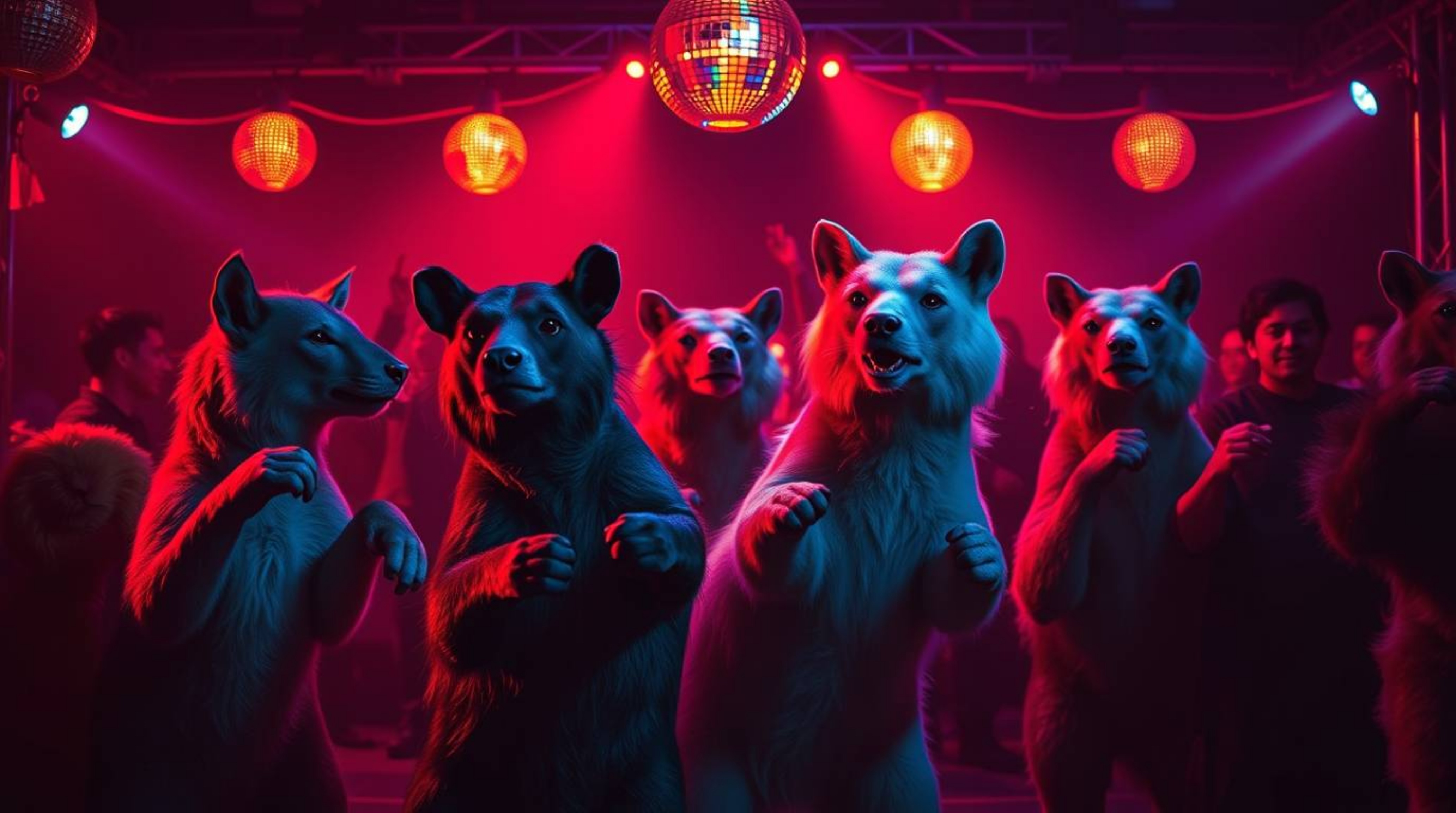 Discover stunning high-resolution stock photos of an animal dance party bathed in vibrant disco lights.  The images feature a